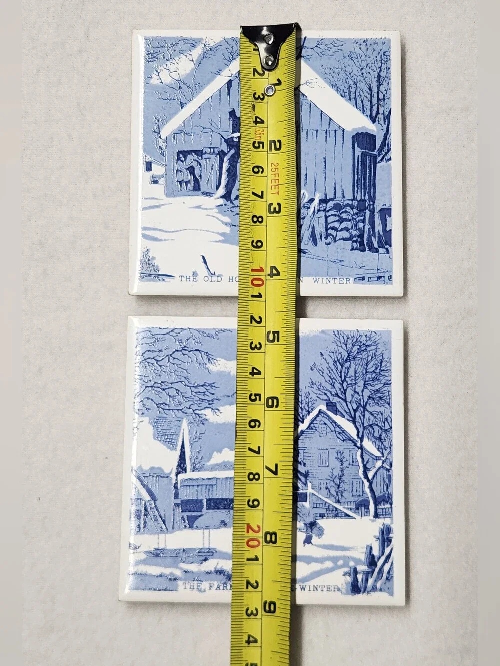 Vintage Currier & Ives Blue White Ceramic Wall Tile Plaque Set Cottagecore Folk